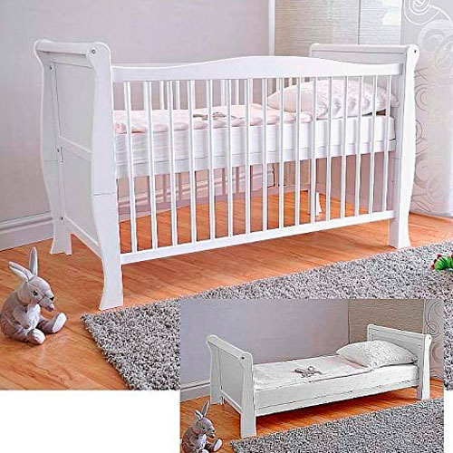 Cuna para bebé Baby con colchón de espuma de aloe vera, rejillas de altura regulable, color blanco, convertible en cama infantil